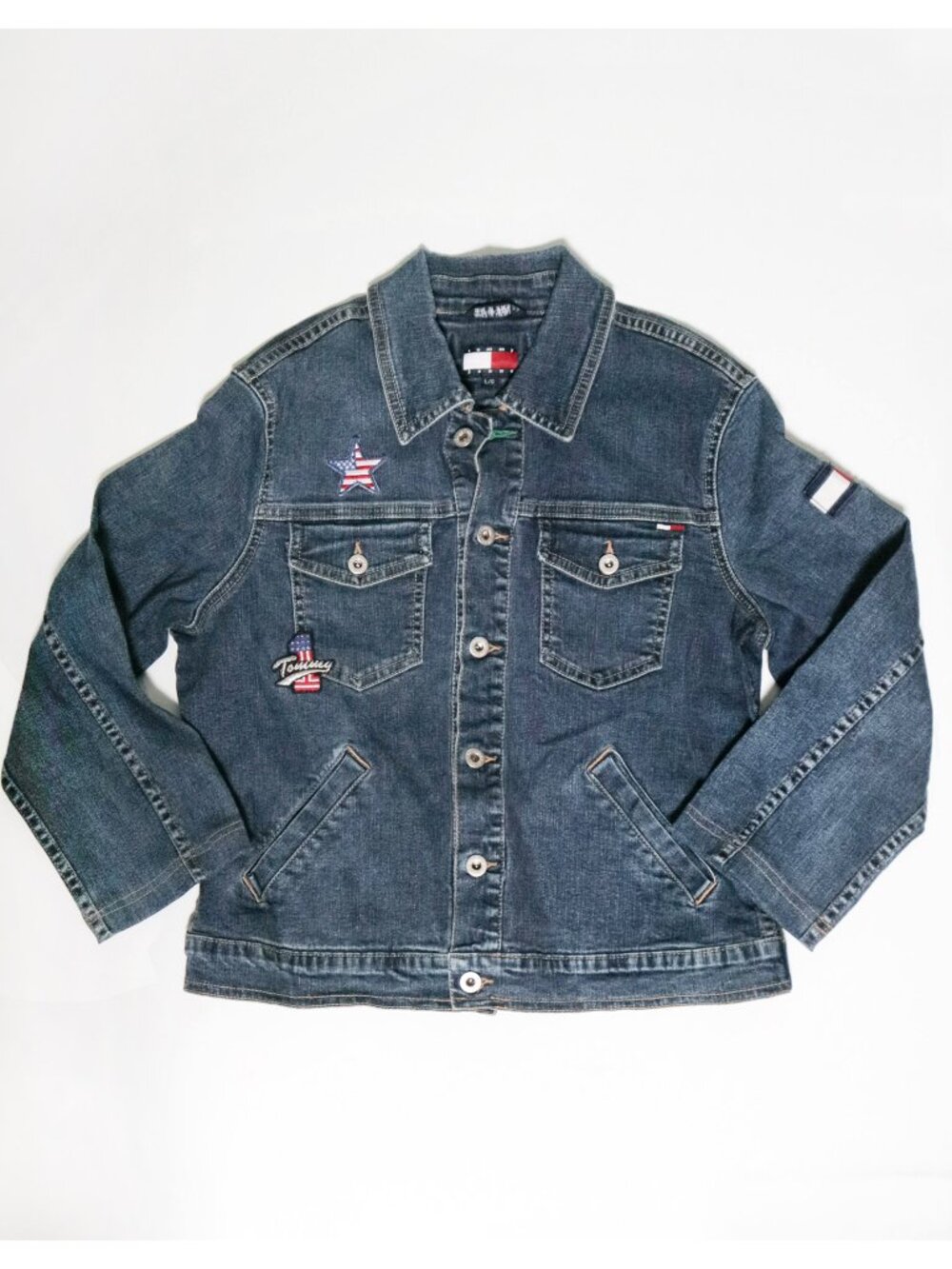 TOMMY JEANS Youth Girl's L Jean Jacket w/ Star & Flag Patches Hilfiger Denim Y2K
